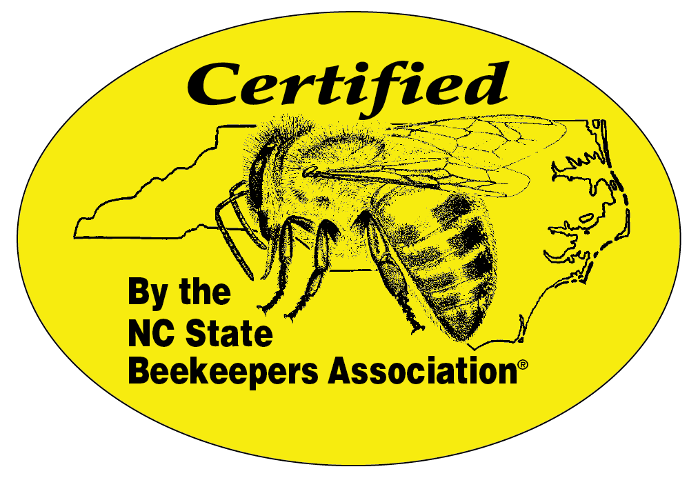 Yellow sticker found on honey Certified by the NC State Beekeepers Association. Shows a drawing of a bee and geographical boundaries of NC.