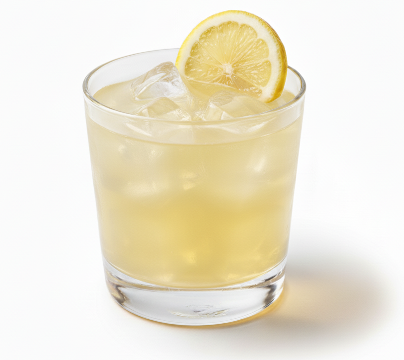 Rocks glass of honey colored cocktail with a lemon slice garnish on a white background