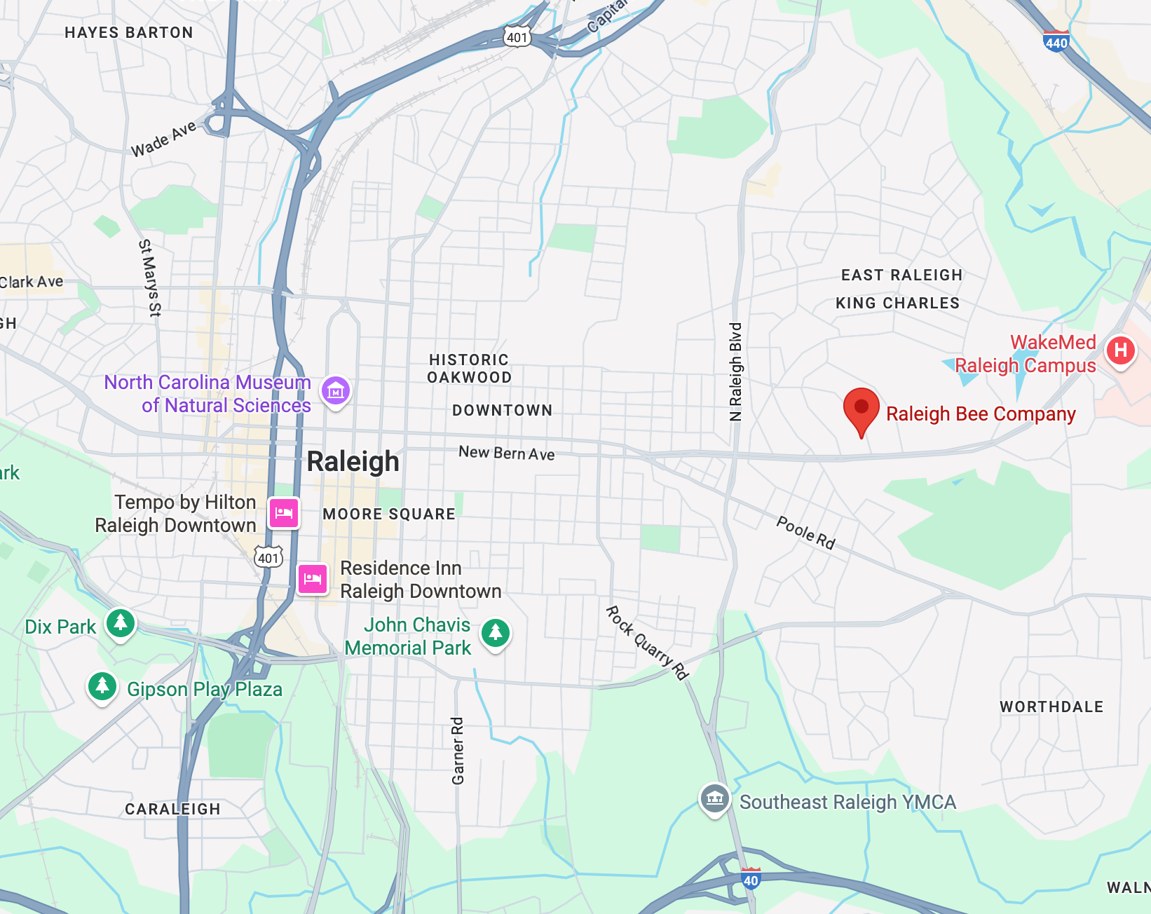 Map of Raleigh with locations marked, including the Raleigh Bee Company.